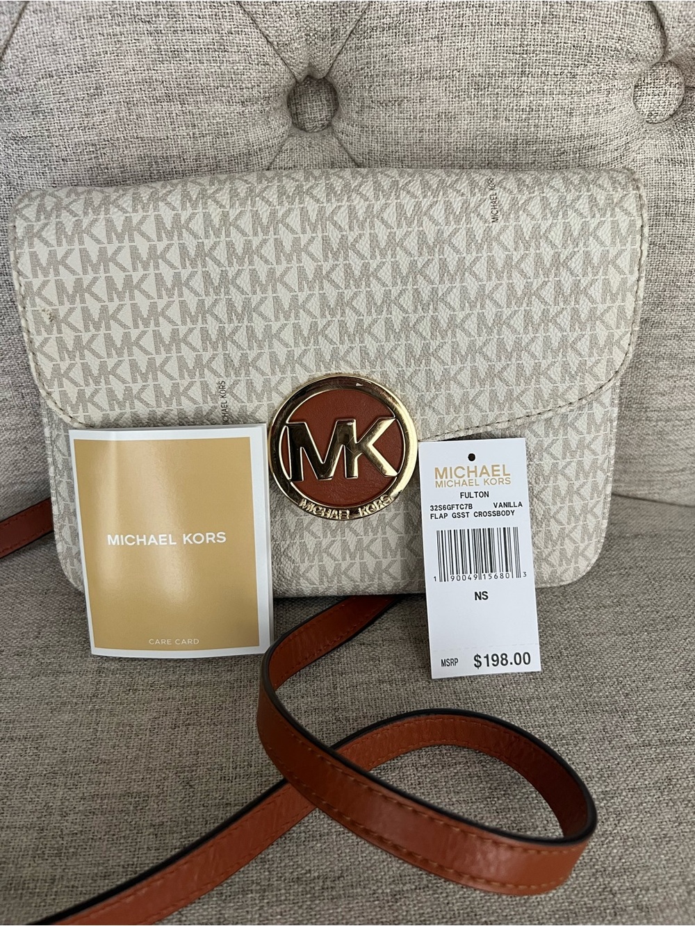 Michael Kors Vanilla Logo-Print Crossbody with Brown Trim